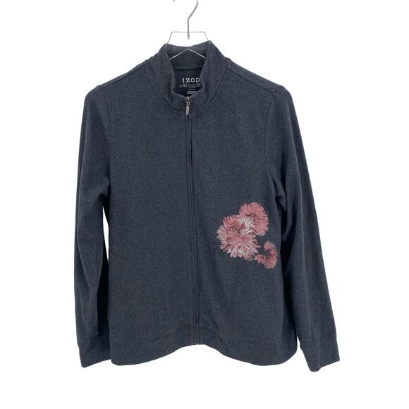 Heather Grey Izod full zip athletic jacket womens size large pink floral Golf - Picture 1 of 7
